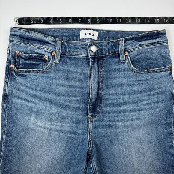 Pistola Jeans Womens 31 Blue Bootcut Flare Stretch Mid Rise Denim Raw Hem - Picture 12 of 16